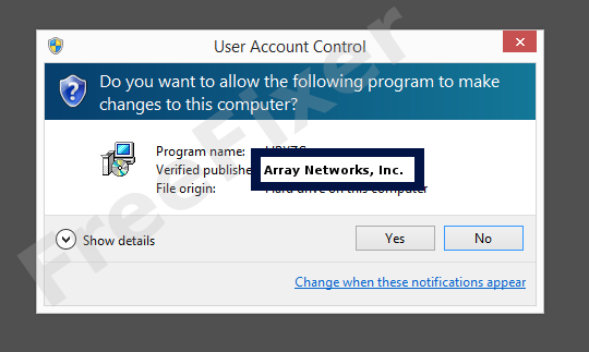 Screenshot where Array Networks, Inc. appears as the verified publisher in the UAC dialog